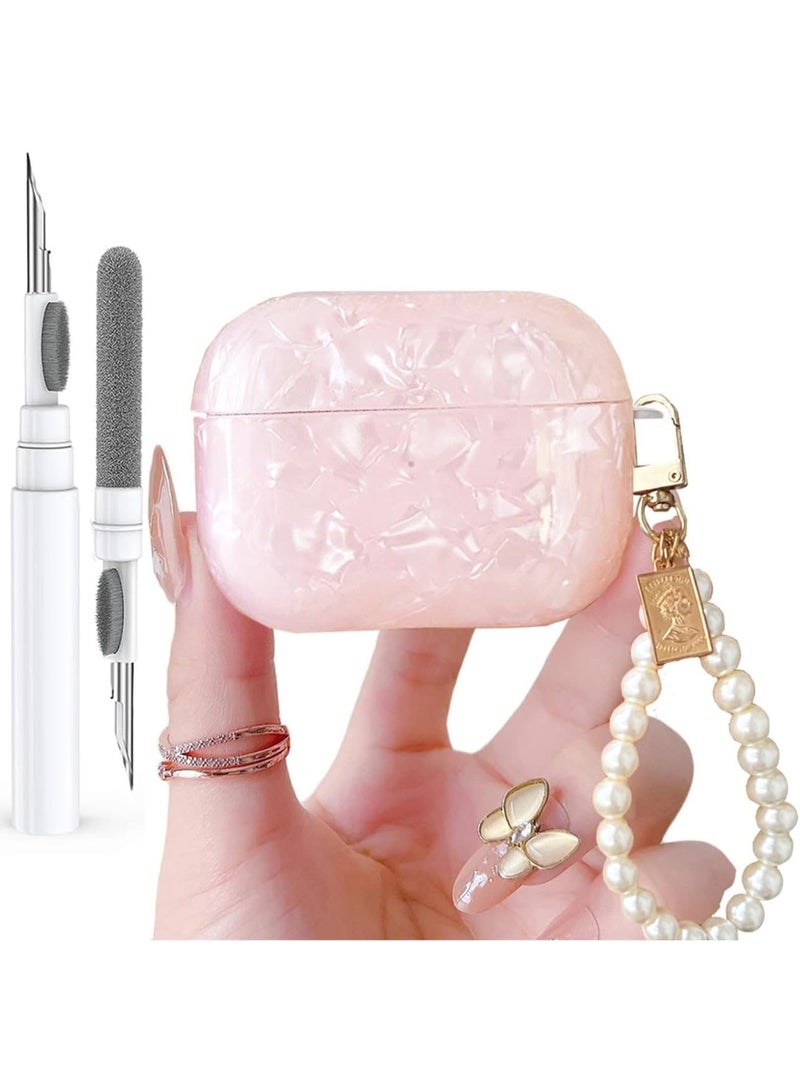 جراب لامع لطيف لسماعات AirPods Pro 3 إصدار 2025 مع قلم تنظيف، غطاء حماية بتصميم صدفي لسماعات Apple AirPods و iPod Pro من الجيل الثالث، مناسب للفتيات والسيدات، مع سلسلة مفاتيح فاخرة من اللؤلؤ، باللون الوردي. - Image 1